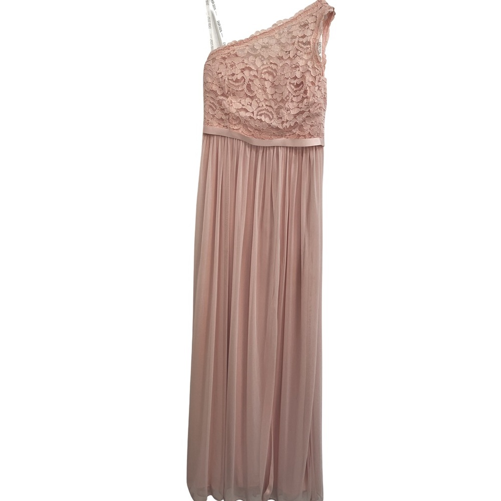 David’s Bridal one shoulder long bridesmaid dress.
